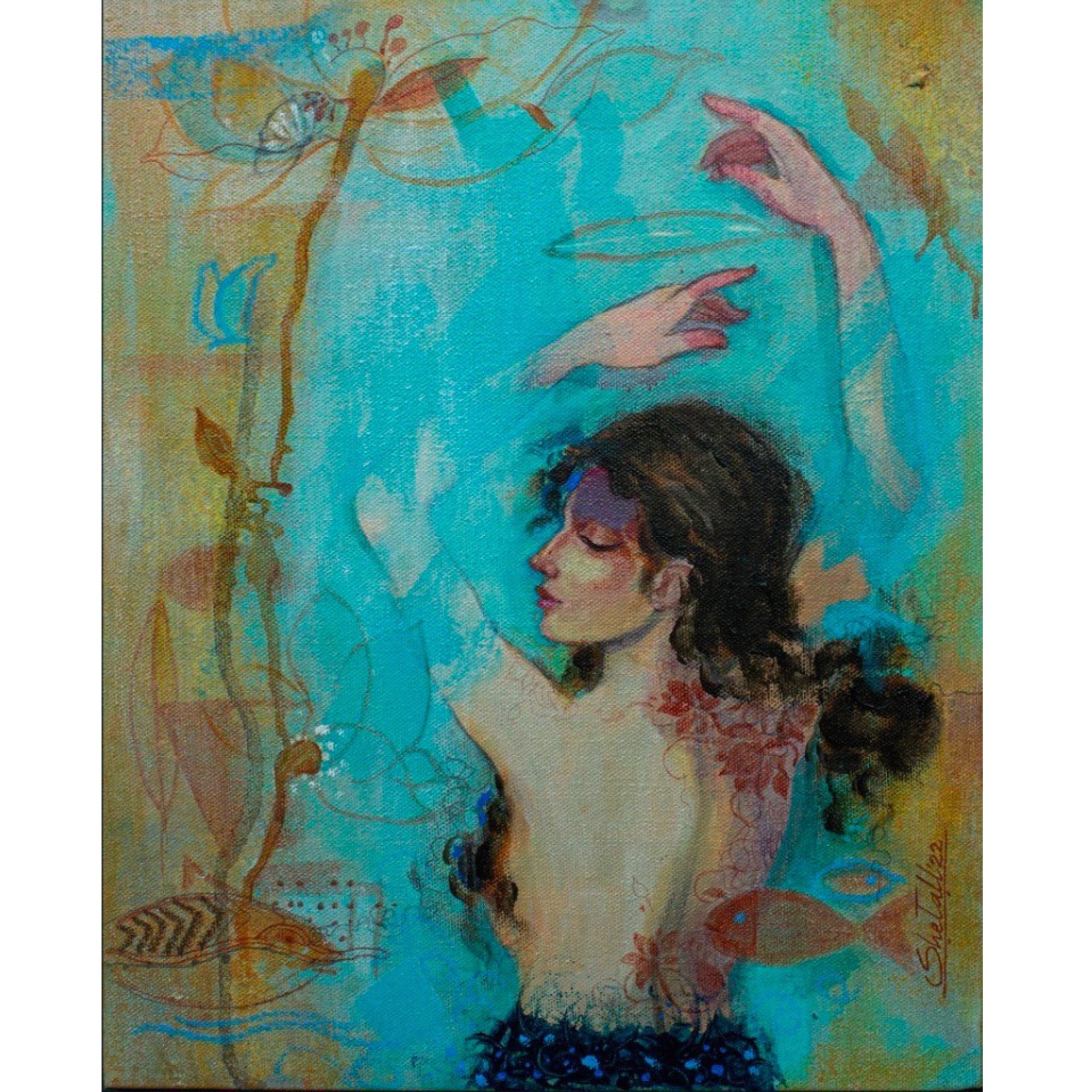 "Dream VI painting - an ethereal, dreamlike artwork of a woman surrounded by floral motifs and underwater elements, with soft pastel colors."